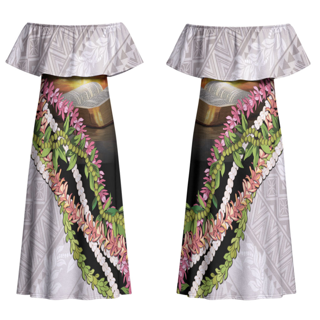 Hawaii Mokihana Mix Pikake Leis Mahalo 'Olelo Couples Matching Off Shoulder Maxi Dress and Long Sleeve Button Shirt Black LT7 - Polynesian Pride
