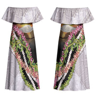 Hawaii Mokihana Mix Pikake Leis Mahalo 'Olelo Couples Matching Off Shoulder Maxi Dress and Long Sleeve Button Shirt Black LT7 - Polynesian Pride