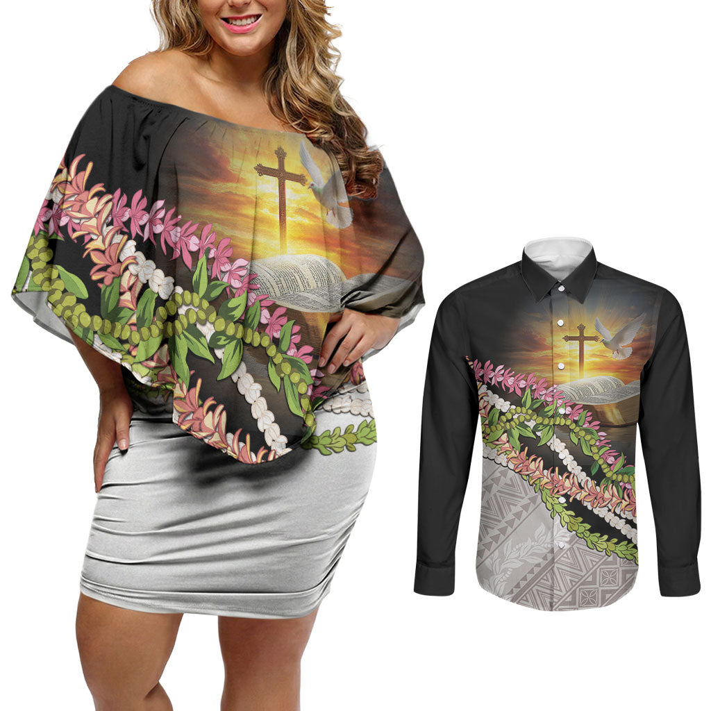 Hawaii Mokihana Mix Pikake Leis Mahalo 'Olelo Couples Matching Off Shoulder Short Dress and Long Sleeve Button Shirt Black LT7 Black - Polynesian Pride