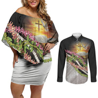 Hawaii Mokihana Mix Pikake Leis Mahalo 'Olelo Couples Matching Off Shoulder Short Dress and Long Sleeve Button Shirt Black LT7 Black - Polynesian Pride