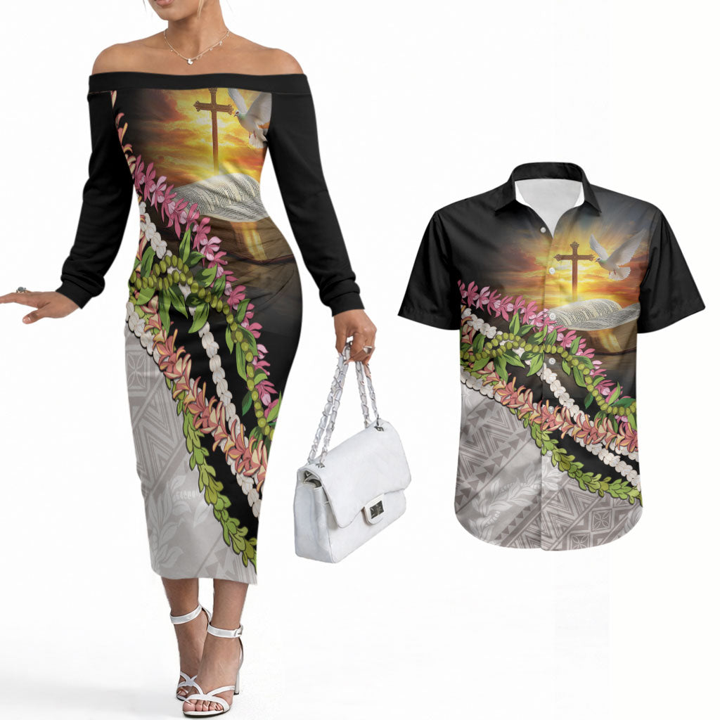 Hawaii Mokihana Mix Pikake Leis Mahalo 'Olelo Couples Matching Off The Shoulder Long Sleeve Dress and Hawaiian Shirt Black LT7 Black - Polynesian Pride