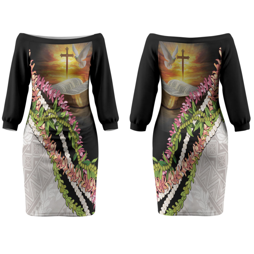 Hawaii Mokihana Mix Pikake Leis Mahalo 'Olelo Couples Matching Off The Shoulder Long Sleeve Dress and Hawaiian Shirt Black LT7 - Polynesian Pride