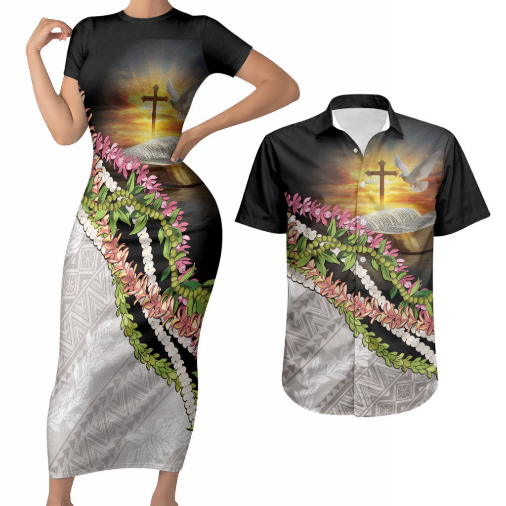 Hawaii Mokihana Mix Pikake Leis Mahalo 'Olelo Couples Matching Short Sleeve Bodycon Dress and Hawaiian Shirt Black LT7 Black - Polynesian Pride