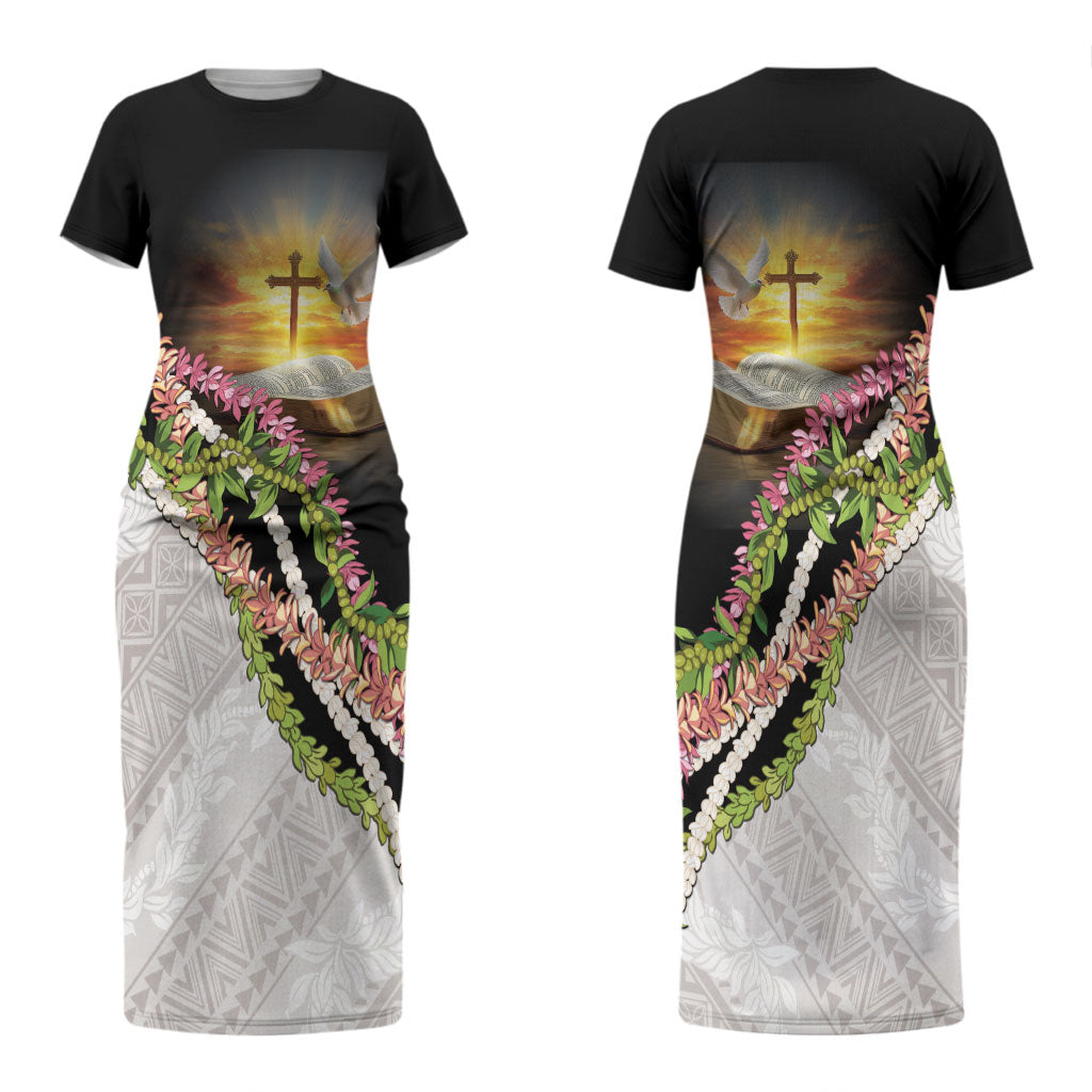 Hawaii Mokihana Mix Pikake Leis Mahalo 'Olelo Couples Matching Short Sleeve Bodycon Dress and Hawaiian Shirt Black LT7 - Polynesian Pride