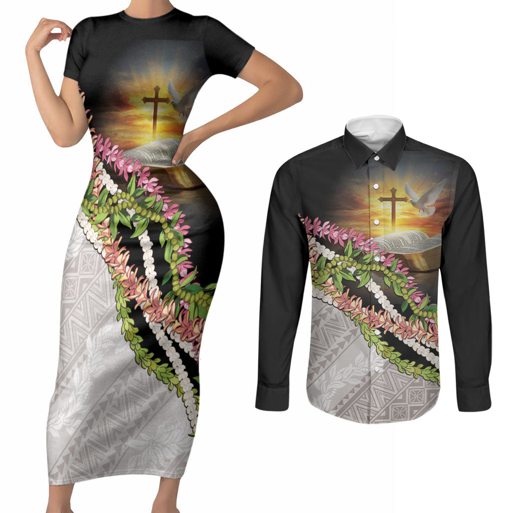 Hawaii Mokihana Mix Pikake Leis Mahalo 'Olelo Couples Matching Short Sleeve Bodycon Dress and Long Sleeve Button Shirt Black LT7 Black - Polynesian Pride