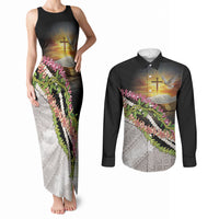 Hawaii Mokihana Mix Pikake Leis Mahalo 'Olelo Couples Matching Tank Maxi Dress and Long Sleeve Button Shirt Black LT7 Black - Polynesian Pride