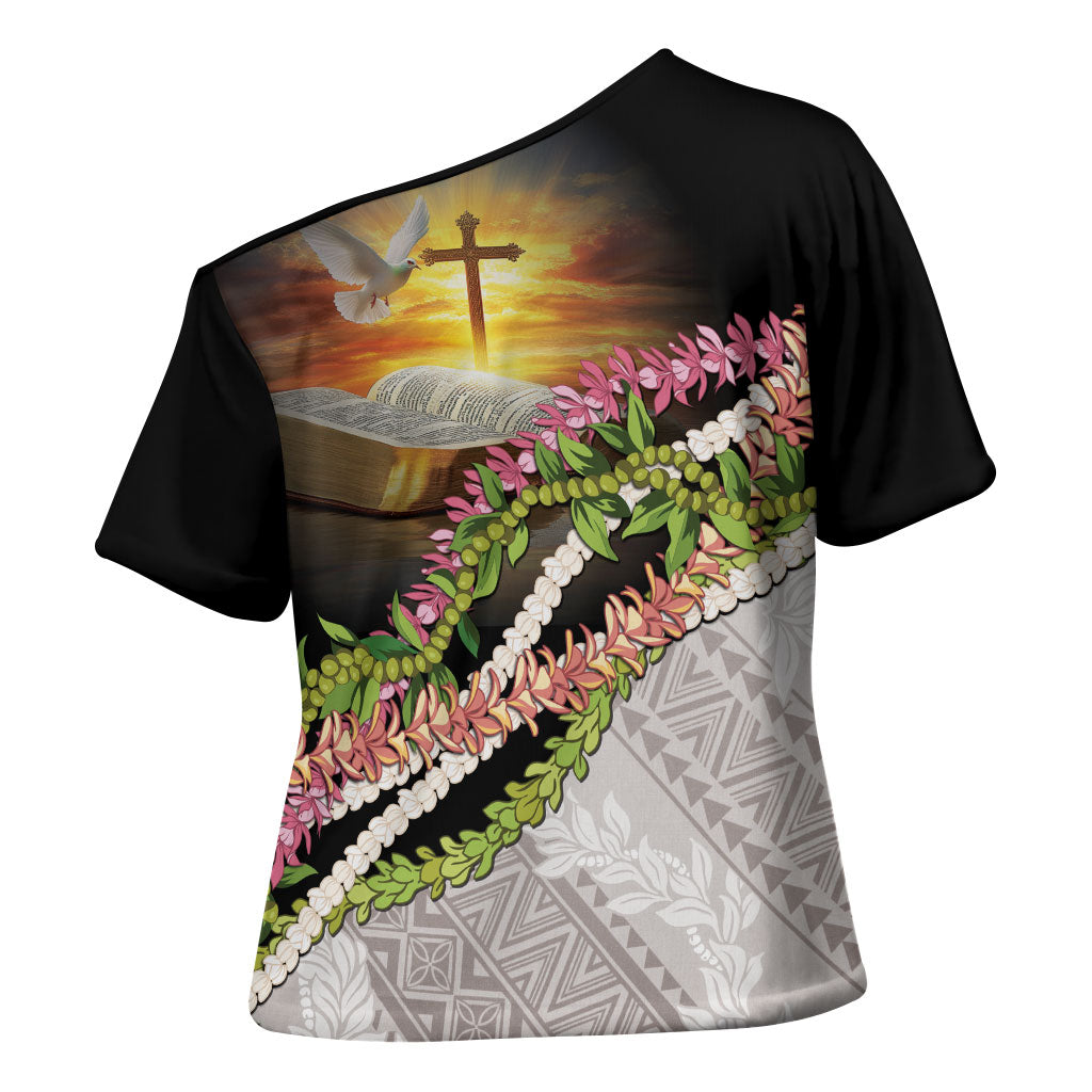 Hawaii Mokihana Mix Pikake Leis Mahalo 'Olelo Cross Shoulder Shirt Black LT7 - Polynesian Pride