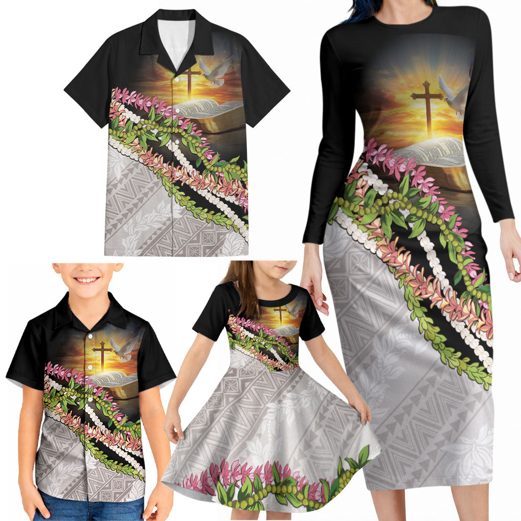 Hawaii Mokihana Mix Pikake Leis Mahalo 'Olelo Family Matching Long Sleeve Bodycon Dress and Hawaiian Shirt Black LT7 - Polynesian Pride