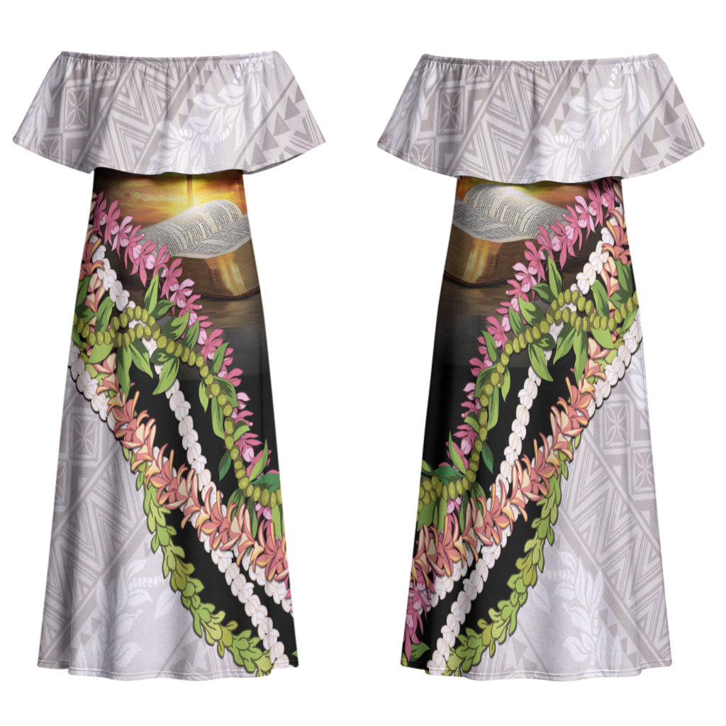 Hawaii Mokihana Mix Pikake Leis Mahalo 'Olelo Family Matching Off Shoulder Maxi Dress and Hawaiian Shirt Black LT7 Mom's Dress Black - Polynesian Pride