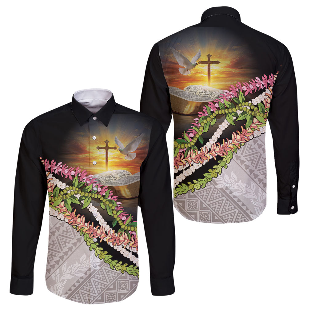 Hawaii Mokihana Mix Pikake Leis Mahalo 'Olelo Family Matching Off Shoulder Short Dress and Hawaiian Shirt Black LT7 Dad's Shirt - Long Sleeve Black - Polynesian Pride