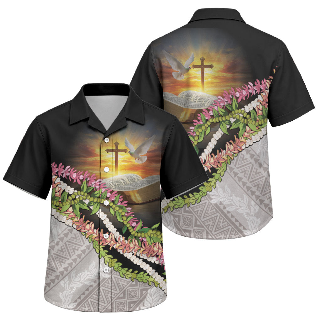 Hawaii Mokihana Mix Pikake Leis Mahalo 'Olelo Family Matching Off Shoulder Short Dress and Hawaiian Shirt Black LT7 Son's Shirt Black - Polynesian Pride