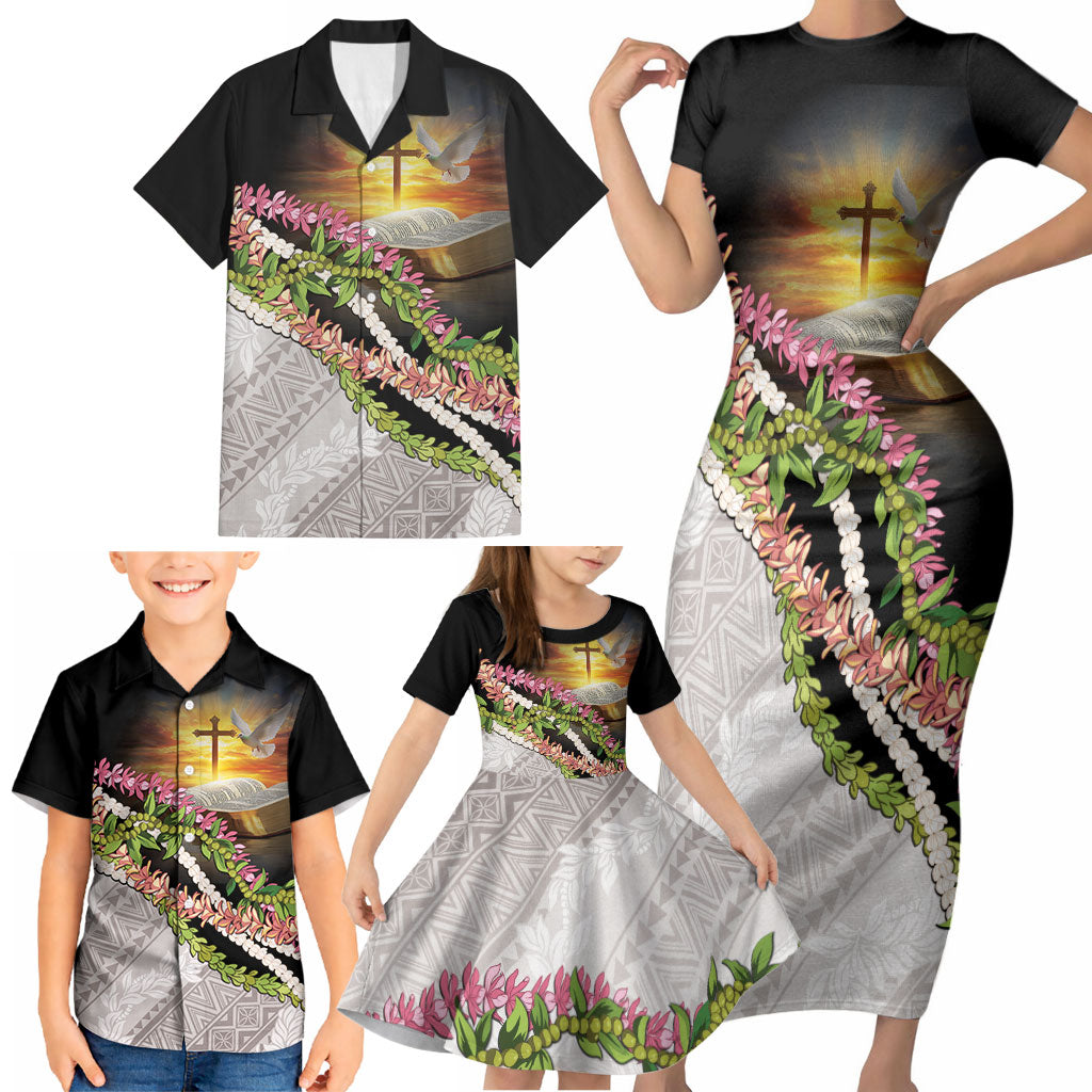 Hawaii Mokihana Mix Pikake Leis Mahalo 'Olelo Family Matching Short Sleeve Bodycon Dress and Hawaiian Shirt Black LT7 - Polynesian Pride