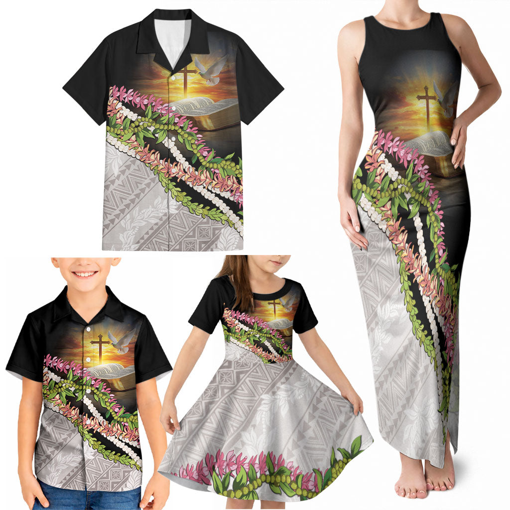 Hawaii Mokihana Mix Pikake Leis Mahalo 'Olelo Family Matching Tank Maxi Dress and Hawaiian Shirt Black LT7 - Polynesian Pride