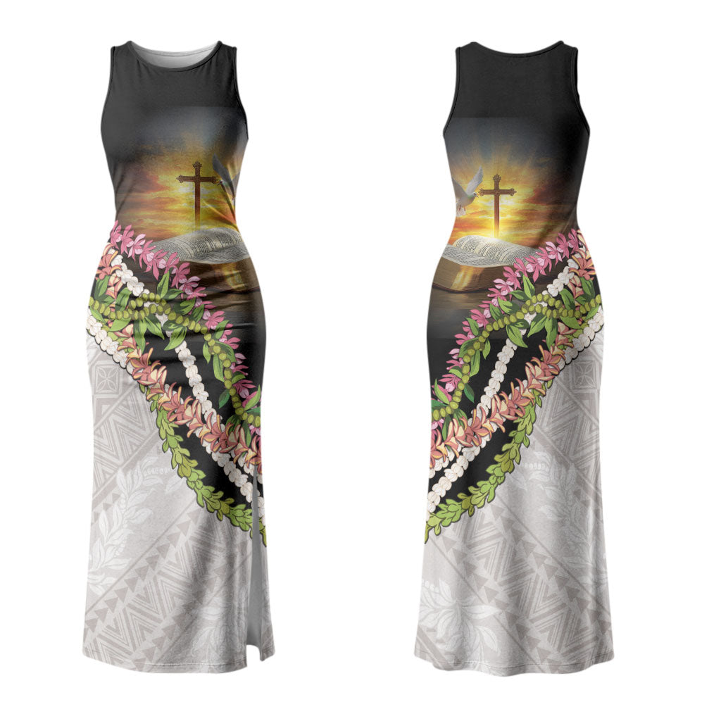 Hawaii Mokihana Mix Pikake Leis Mahalo 'Olelo Family Matching Tank Maxi Dress and Hawaiian Shirt Black LT7 Mom's Dress Black - Polynesian Pride
