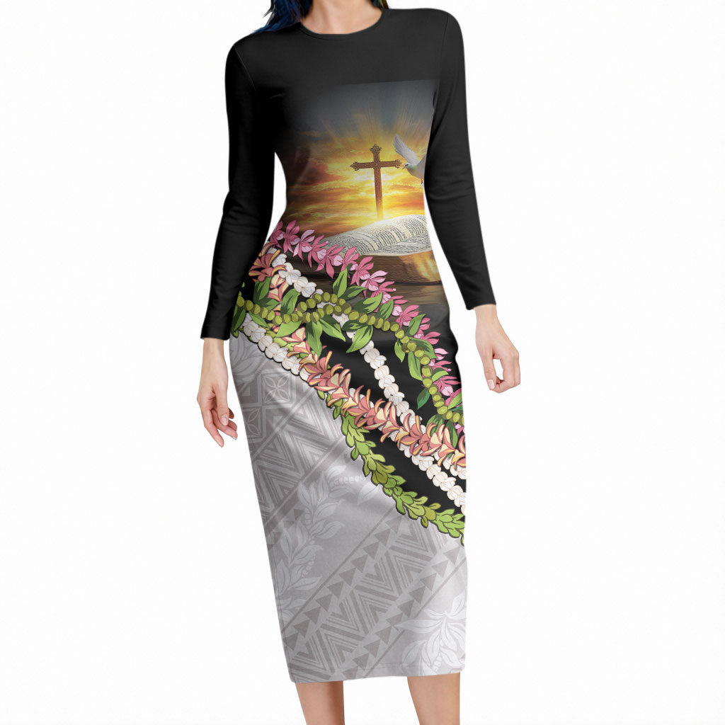 Hawaii Mokihana Mix Pikake Leis Mahalo 'Olelo Long Sleeve Bodycon Dress Black LT7 Long Dress Black - Polynesian Pride