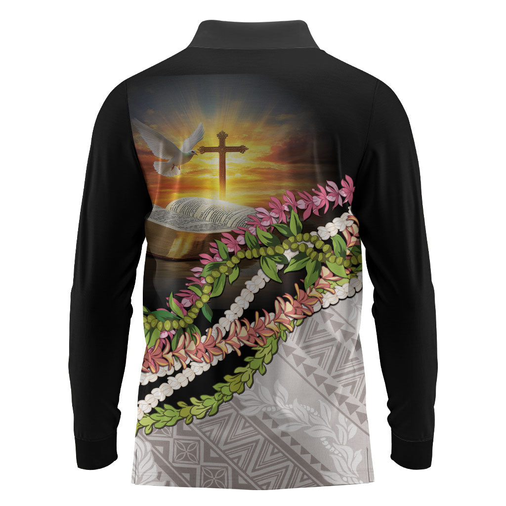 Hawaii Mokihana Mix Pikake Leis Mahalo 'Olelo Long Sleeve Polo Shirt Black LT7 - Polynesian Pride