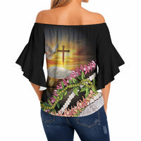 Hawaii Mokihana Mix Pikake Leis Mahalo 'Olelo Off Shoulder Wrap Waist Top Black LT7 - Polynesian Pride