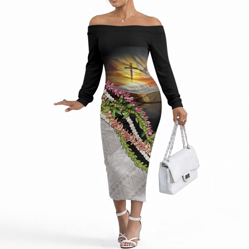 Hawaii Mokihana Mix Pikake Leis Mahalo 'Olelo Off The Shoulder Long Sleeve Dress Black LT7 Women Black - Polynesian Pride