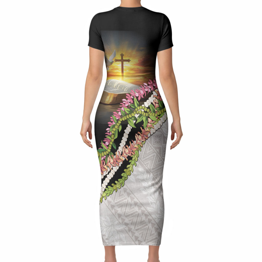 Hawaii Mokihana Mix Pikake Leis Mahalo 'Olelo Short Sleeve Bodycon Dress Black LT7 - Polynesian Pride