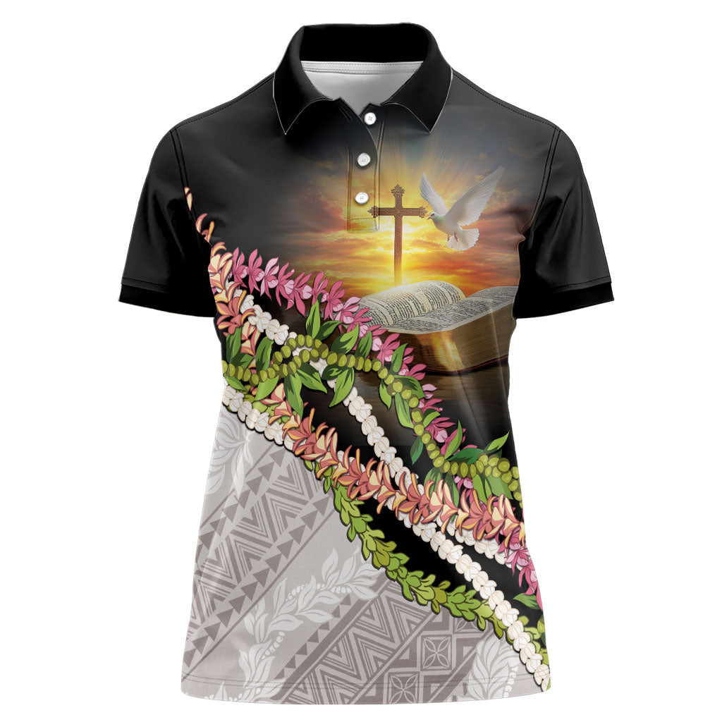 Hawaii Mokihana Mix Pikake Leis Mahalo 'Olelo Women Polo Shirt Black LT7 Female Black - Polynesian Pride