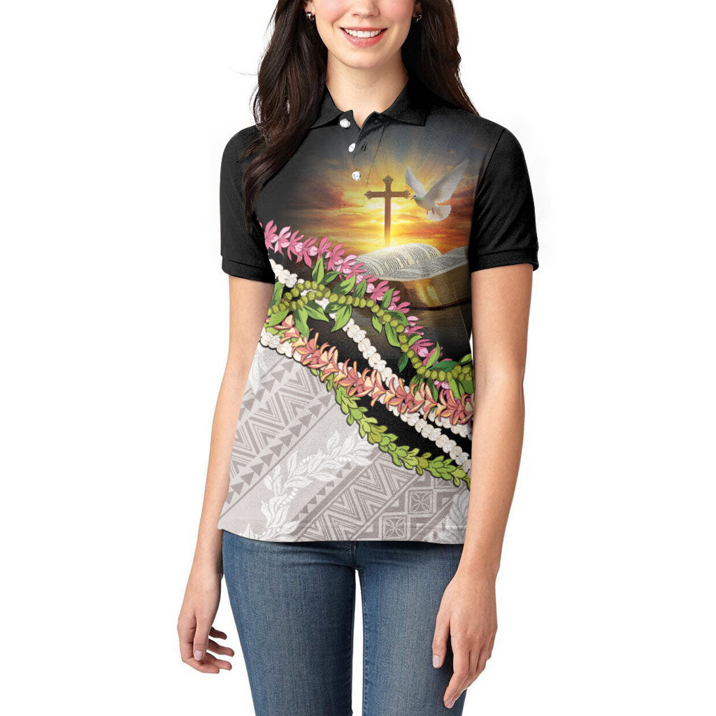 Hawaii Mokihana Mix Pikake Leis Mahalo 'Olelo Women Polo Shirt Black LT7 - Polynesian Pride