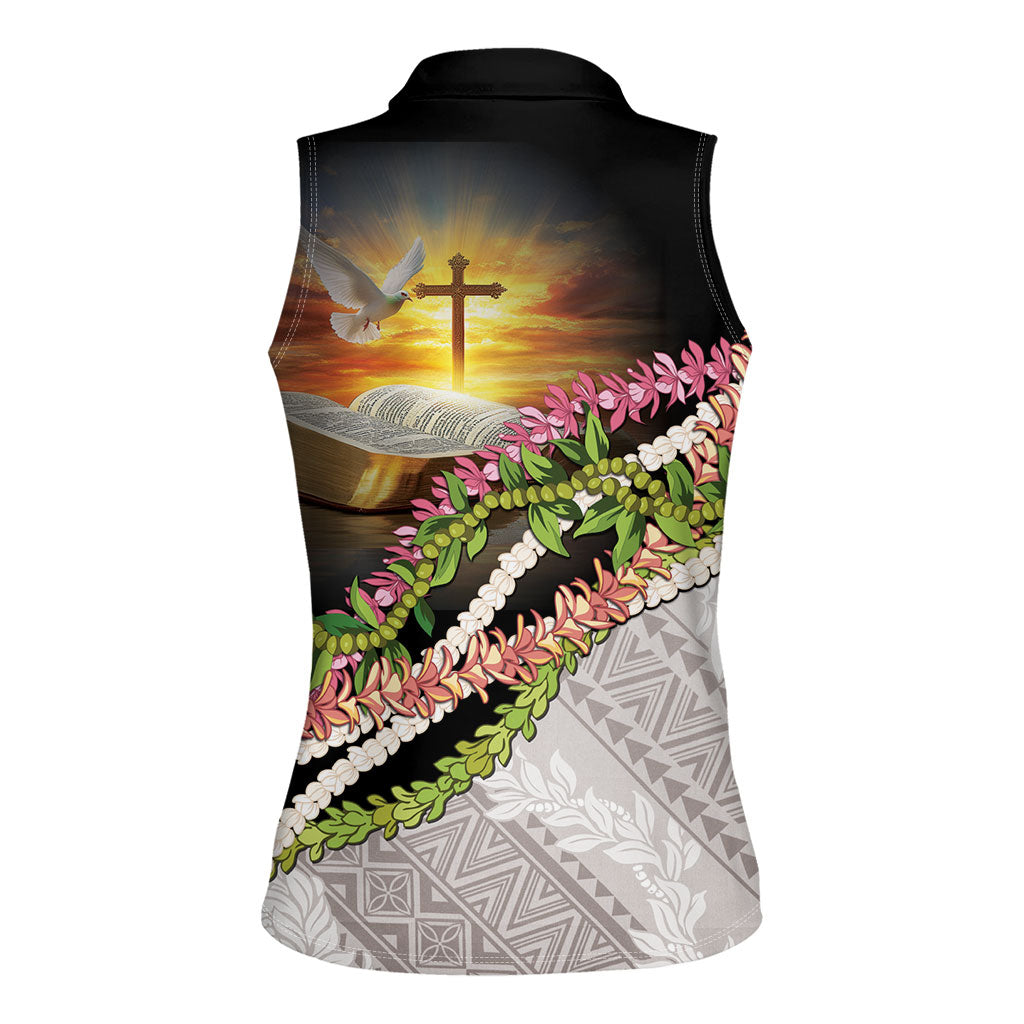 Hawaii Mokihana Mix Pikake Leis Mahalo 'Olelo Women Sleeveless Polo Shirt Black LT7 - Polynesian Pride