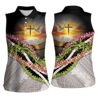 Hawaii Mokihana Mix Pikake Leis Mahalo 'Olelo Women Sleeveless Polo Shirt Black LT7 - Polynesian Pride