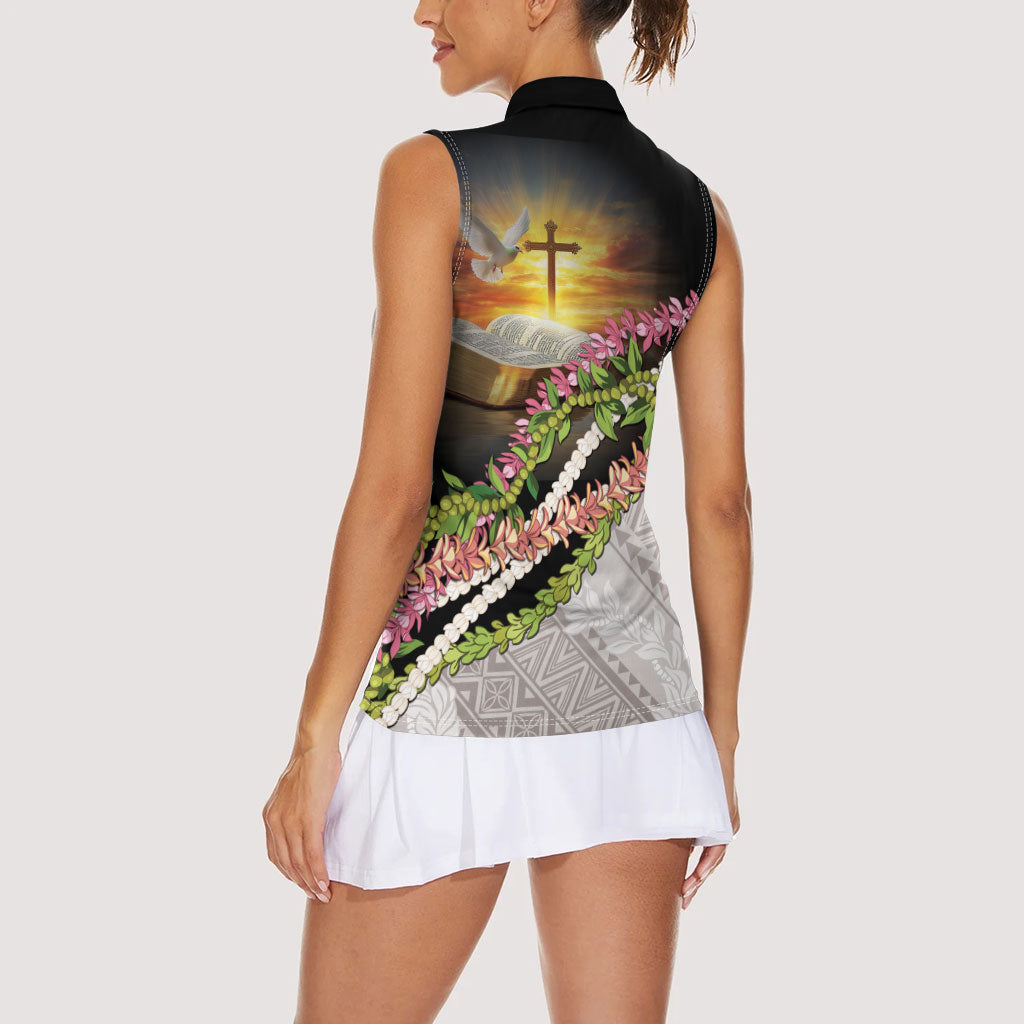 Hawaii Mokihana Mix Pikake Leis Mahalo 'Olelo Women Sleeveless Polo Shirt Black LT7 - Polynesian Pride