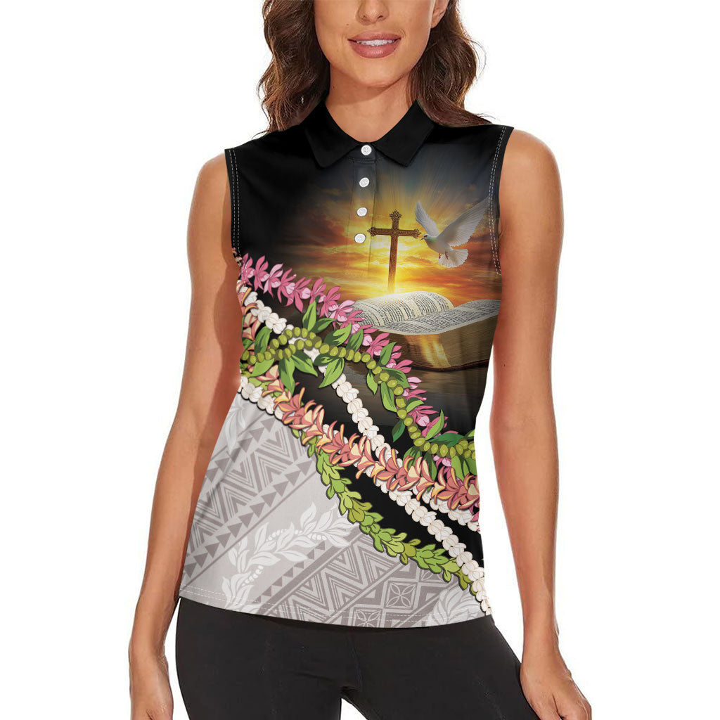 Hawaii Mokihana Mix Pikake Leis Mahalo 'Olelo Women Sleeveless Polo Shirt Black LT7 - Polynesian Pride