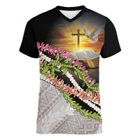 Hawaii Mokihana Mix Pikake Leis Mahalo 'Olelo Women V-Neck T-Shirt Black LT7 Female Black - Polynesian Pride