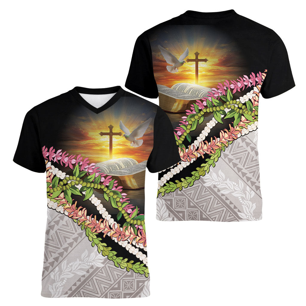 Hawaii Mokihana Mix Pikake Leis Mahalo 'Olelo Women V-Neck T-Shirt Black LT7 - Polynesian Pride