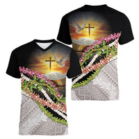 Hawaii Mokihana Mix Pikake Leis Mahalo 'Olelo Women V-Neck T-Shirt Black LT7 - Polynesian Pride