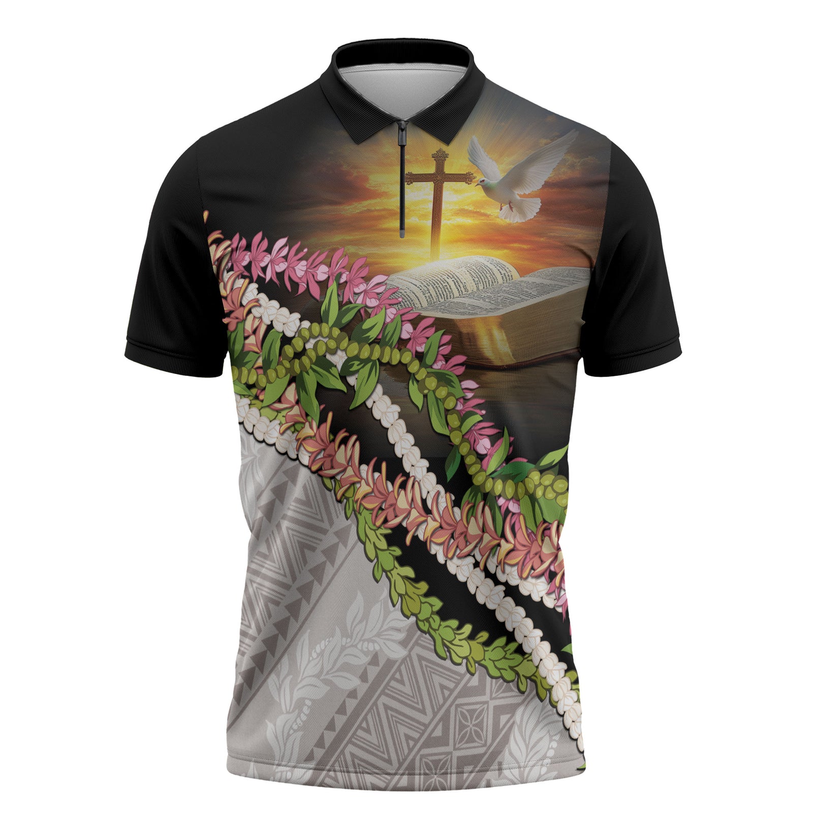 Hawaii Mokihana Mix Pikake Leis Mahalo 'Olelo Zipper Polo Shirt Black LT7 Black - Polynesian Pride
