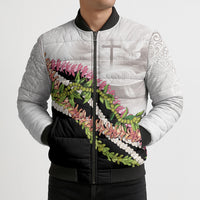 Hawaii Mokihana Mix Pikake Leis Mahalo 'Olelo Bomber Puffer Jacket White Tapa LT7 - Polynesian Pride