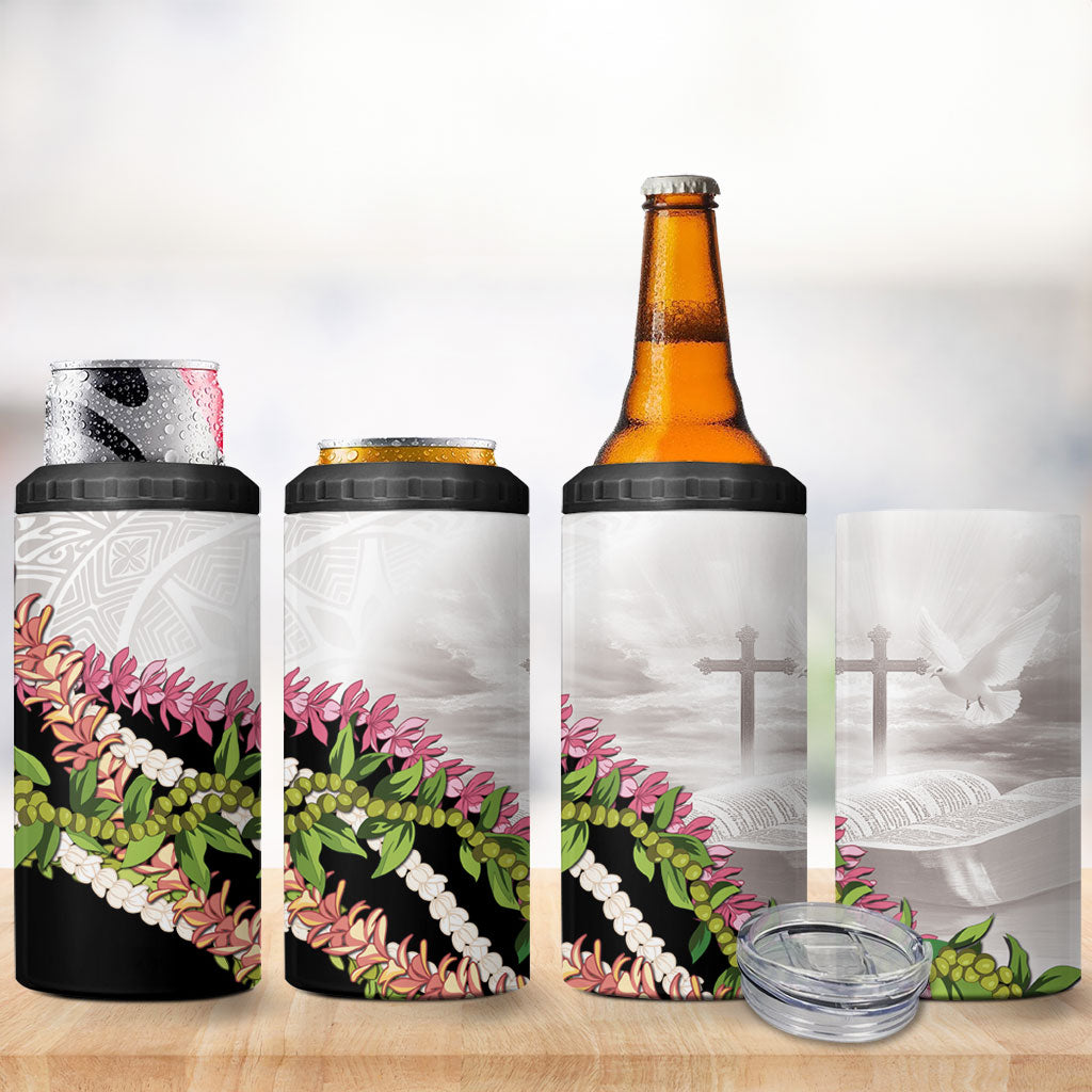 Hawaii Mokihana Mix Pikake Leis Mahalo 'Olelo 4 in 1 Can Cooler Tumbler White Tapa LT7 - Polynesian Pride