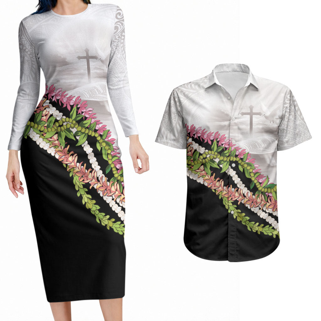 Hawaii Mokihana Mix Pikake Leis Mahalo 'Olelo Couples Matching Long Sleeve Bodycon Dress and Hawaiian Shirt White Tapa LT7 White - Polynesian Pride