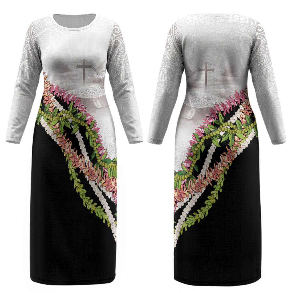 Hawaii Mokihana Mix Pikake Leis Mahalo 'Olelo Couples Matching Long Sleeve Bodycon Dress and Long Sleeve Button Shirt White Tapa LT7 - Polynesian Pride