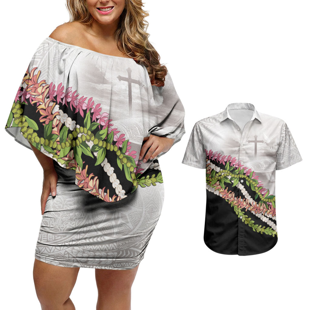 Hawaii Mokihana Mix Pikake Leis Mahalo 'Olelo Couples Matching Off Shoulder Short Dress and Hawaiian Shirt White Tapa LT7 White - Polynesian Pride