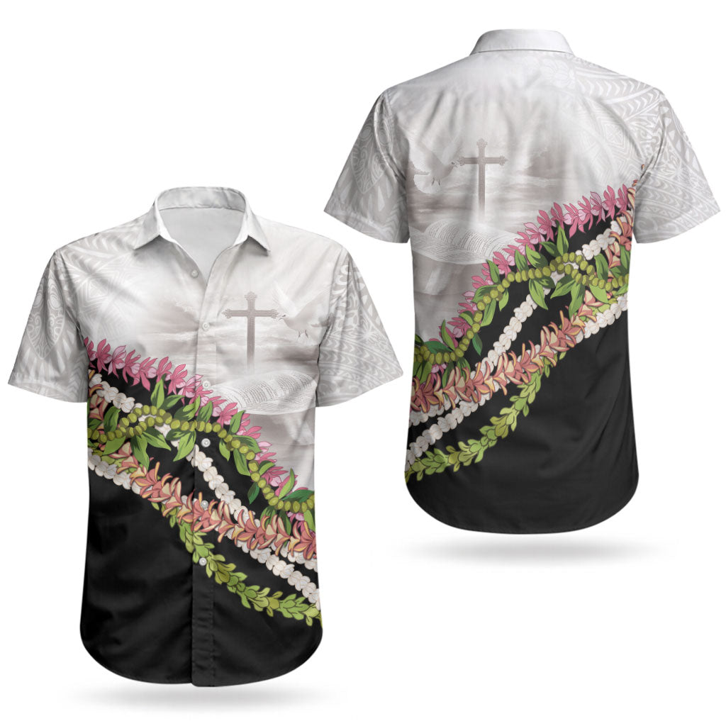 Hawaii Mokihana Mix Pikake Leis Mahalo 'Olelo Couples Matching Off Shoulder Short Dress and Hawaiian Shirt White Tapa LT7 - Polynesian Pride