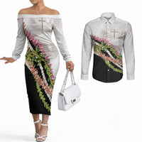 Hawaii Mokihana Mix Pikake Leis Mahalo 'Olelo Couples Matching Off The Shoulder Long Sleeve Dress and Long Sleeve Button Shirt White Tapa LT7 White - Polynesian Pride