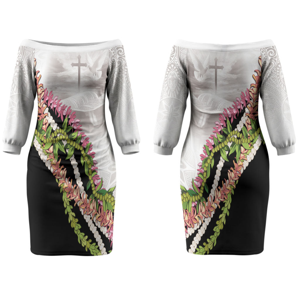 Hawaii Mokihana Mix Pikake Leis Mahalo 'Olelo Couples Matching Off The Shoulder Long Sleeve Dress and Long Sleeve Button Shirt White Tapa LT7 - Polynesian Pride
