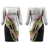 Hawaii Mokihana Mix Pikake Leis Mahalo 'Olelo Couples Matching Off The Shoulder Long Sleeve Dress and Long Sleeve Button Shirt White Tapa LT7 - Polynesian Pride