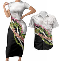 Hawaii Mokihana Mix Pikake Leis Mahalo 'Olelo Couples Matching Short Sleeve Bodycon Dress and Hawaiian Shirt White Tapa LT7 White - Polynesian Pride