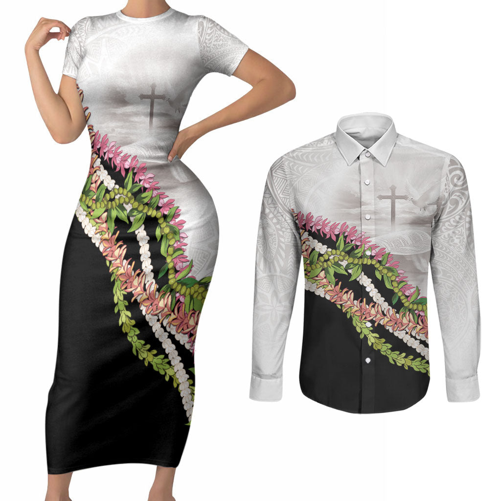Hawaii Mokihana Mix Pikake Leis Mahalo 'Olelo Couples Matching Short Sleeve Bodycon Dress and Long Sleeve Button Shirt White Tapa LT7 White - Polynesian Pride