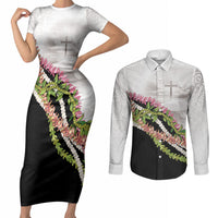 Hawaii Mokihana Mix Pikake Leis Mahalo 'Olelo Couples Matching Short Sleeve Bodycon Dress and Long Sleeve Button Shirt White Tapa LT7 White - Polynesian Pride