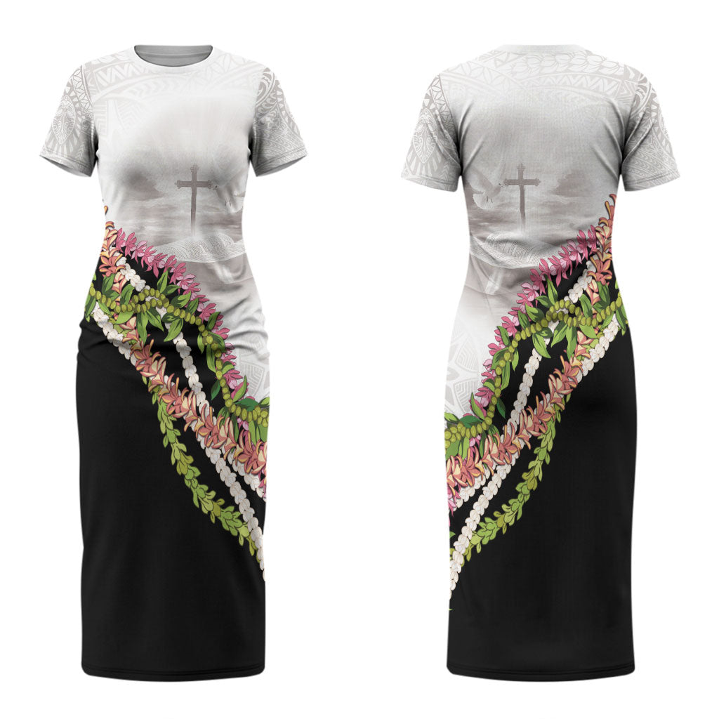 Hawaii Mokihana Mix Pikake Leis Mahalo 'Olelo Couples Matching Short Sleeve Bodycon Dress and Long Sleeve Button Shirt White Tapa LT7 - Polynesian Pride
