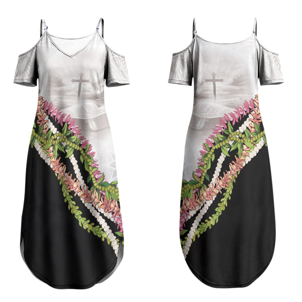 Hawaii Mokihana Mix Pikake Leis Mahalo 'Olelo Couples Matching Summer Maxi Dress and Long Sleeve Button Shirt White Tapa LT7 - Polynesian Pride