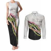 Hawaii Mokihana Mix Pikake Leis Mahalo 'Olelo Couples Matching Tank Maxi Dress and Long Sleeve Button Shirt White Tapa LT7 White - Polynesian Pride