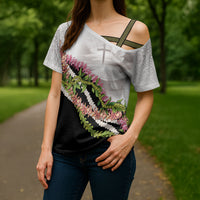 Hawaii Mokihana Mix Pikake Leis Mahalo 'Olelo Cross Shoulder Shirt White Tapa LT7 - Polynesian Pride