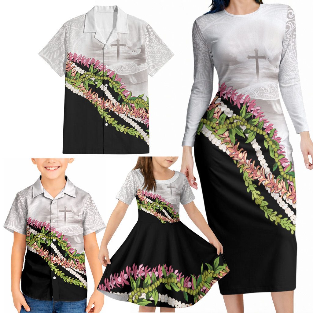 Hawaii Mokihana Mix Pikake Leis Mahalo 'Olelo Family Matching Long Sleeve Bodycon Dress and Hawaiian Shirt White Tapa LT7 - Polynesian Pride